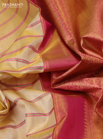 Pure kanchipuram tissue silk saree gold with allover stripe pattern and ganga jamuna border