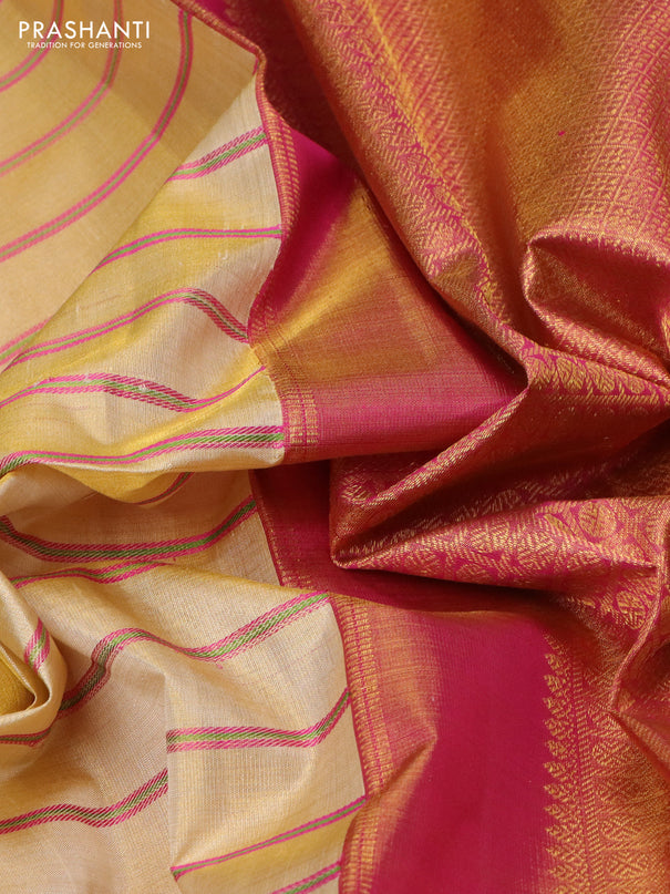 Pure kanchipuram tissue silk saree gold with allover stripe pattern and ganga jamuna border