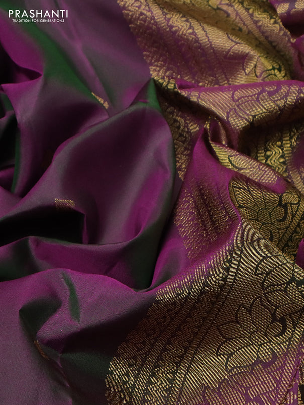 Pure kanchipuram silk saree dual shade of greenish purple with zari woven buttas and rich zari woven border