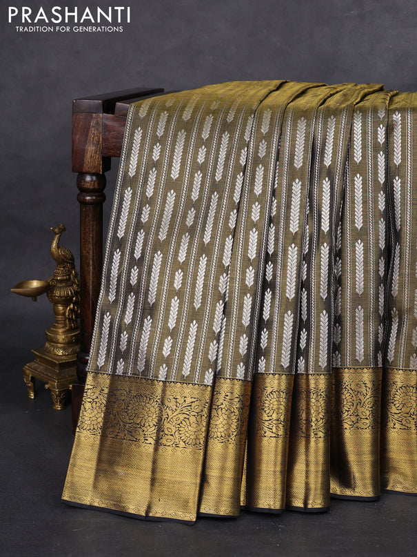 Pure kanchipuram silk saree dual shade of gold and black with allover silver zari brocade weaves and rich zari woven border