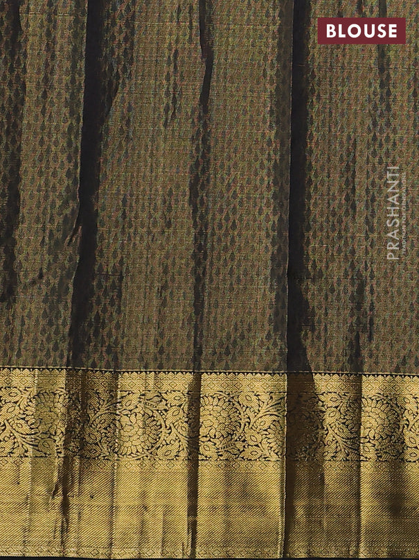 Pure kanchipuram silk saree dual shade of gold and black with allover silver zari brocade weaves and rich zari woven border