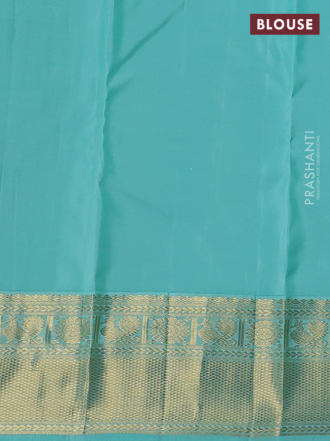Pure kanchipuram silk saree pista green and teal blue with zari woven buttas and rich zari woven korvai border