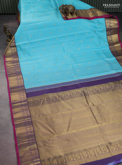 Pure kanchipuram silk saree light blue and jamun shade with zari woven buttas and rich zari woven border