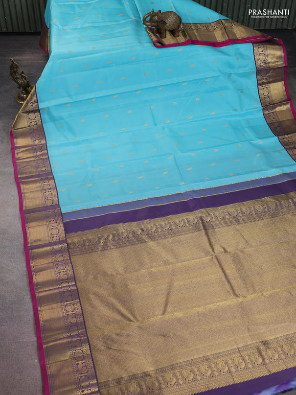 Pure kanchipuram silk saree light blue and jamun shade with zari woven buttas and rich zari woven border
