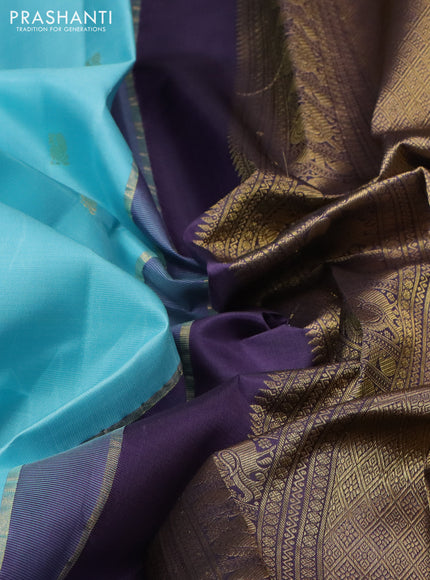 Pure kanchipuram silk saree light blue and jamun shade with zari woven buttas and rich zari woven border
