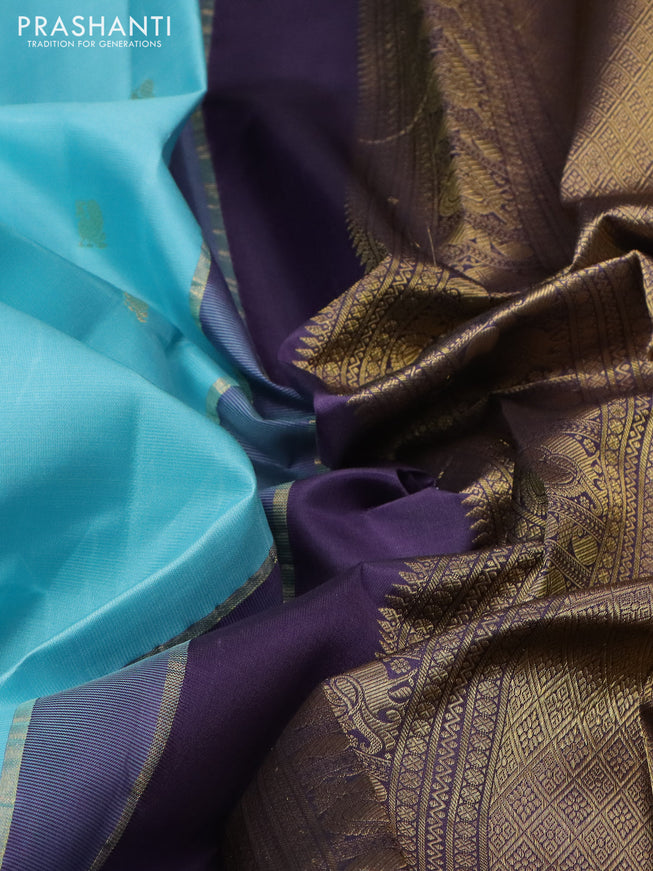Pure kanchipuram silk saree light blue and jamun shade with zari woven buttas and rich zari woven border