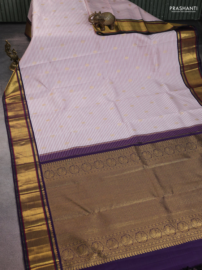 Pure kanchipuram silk saree off white maroon and jamun shade with allover stripe pattern & zari buttas and rich zari woven border