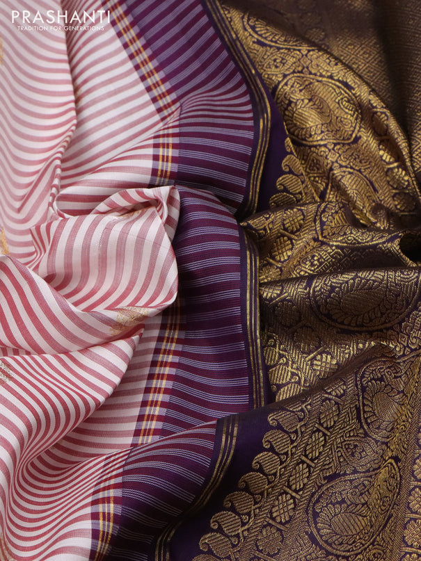 Pure kanchipuram silk saree off white maroon and jamun shade with allover stripe pattern & zari buttas and rich zari woven border