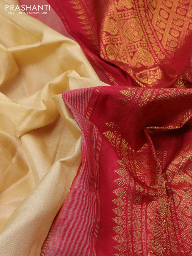 Pure kanchipuram silk saree cream and maroon with plain body and rich zari woven border