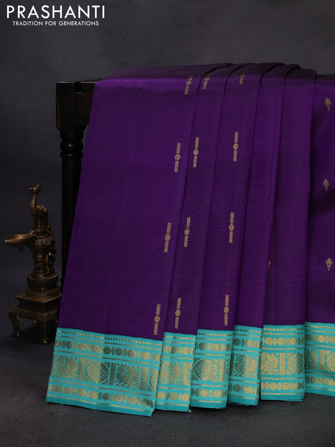 Pure kanchipuram silk saree violet and teal green shade with zari woven buttas and rich zari woven korvai border