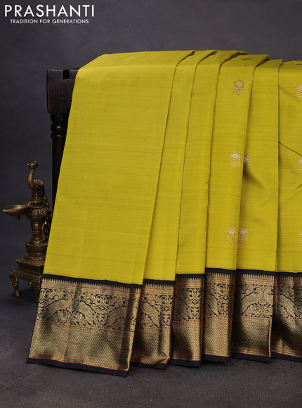Pure kanchipuram silk saree lime green and black with zari woven buttas and rich zari woven korvai border