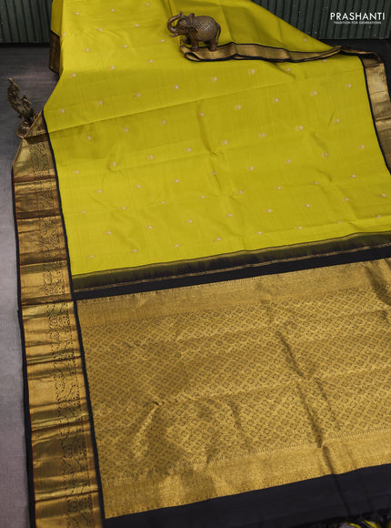 Pure kanchipuram silk saree lime green and black with zari woven buttas and rich zari woven korvai border