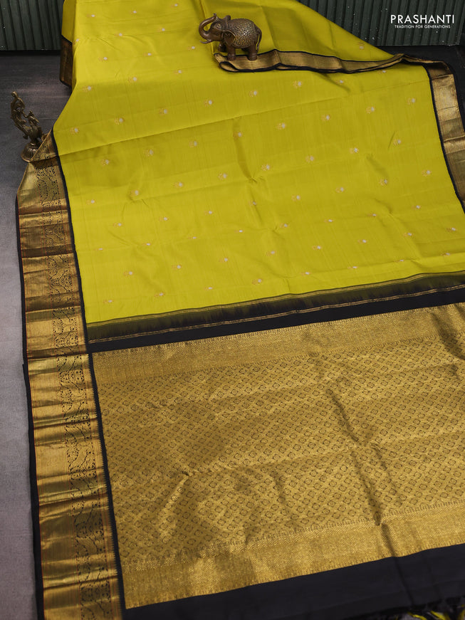 Pure kanchipuram silk saree lime green and black with zari woven buttas and rich zari woven korvai border