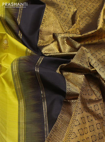 Pure kanchipuram silk saree lime green and black with zari woven buttas and rich zari woven korvai border