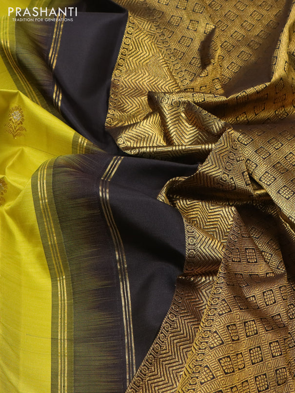Pure kanchipuram silk saree lime green and black with zari woven buttas and rich zari woven korvai border
