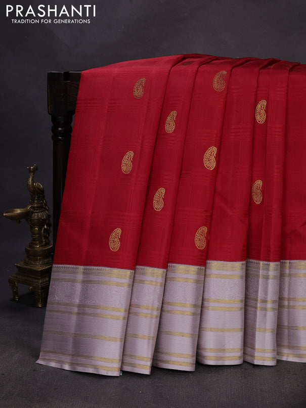Pure kanchipuram silk saree red and grey with allover self emboss & zari buttas and rich thread & zari woven border