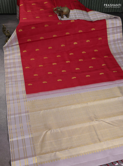 Pure kanchipuram silk saree red and grey with allover self emboss & zari buttas and rich thread & zari woven border