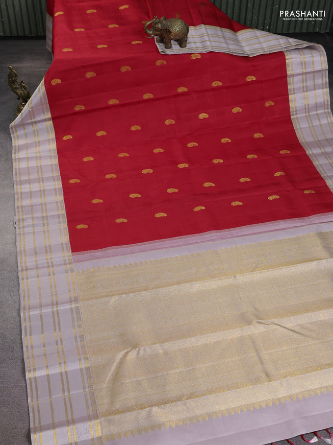 Pure kanchipuram silk saree red and grey with allover self emboss & zari buttas and rich thread & zari woven border