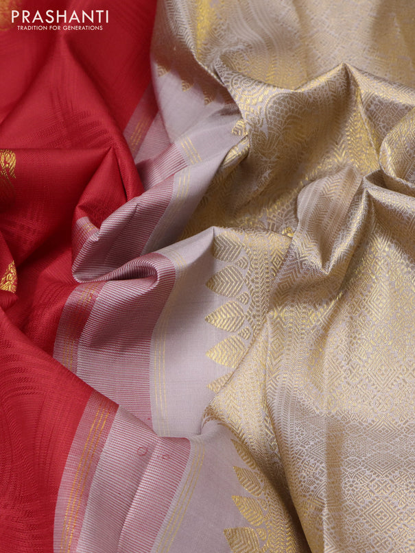 Pure kanchipuram silk saree red and grey with allover self emboss & zari buttas and rich thread & zari woven border