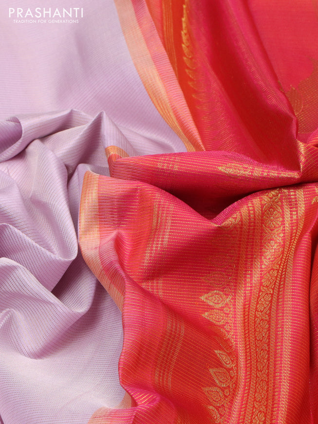 Pure kanchipuram silk saree mild lavender and pink with allover zari stripe pattern and rettapet zari woven korvai border