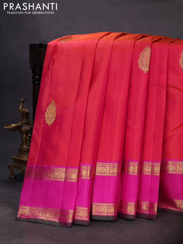 Pure kanchipuram silk saree pinkish orange and pink with zari woven buttas and rettapet zari woven border