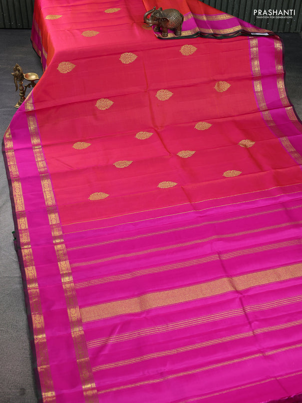 Pure kanchipuram silk saree pinkish orange and pink with zari woven buttas and rettapet zari woven border