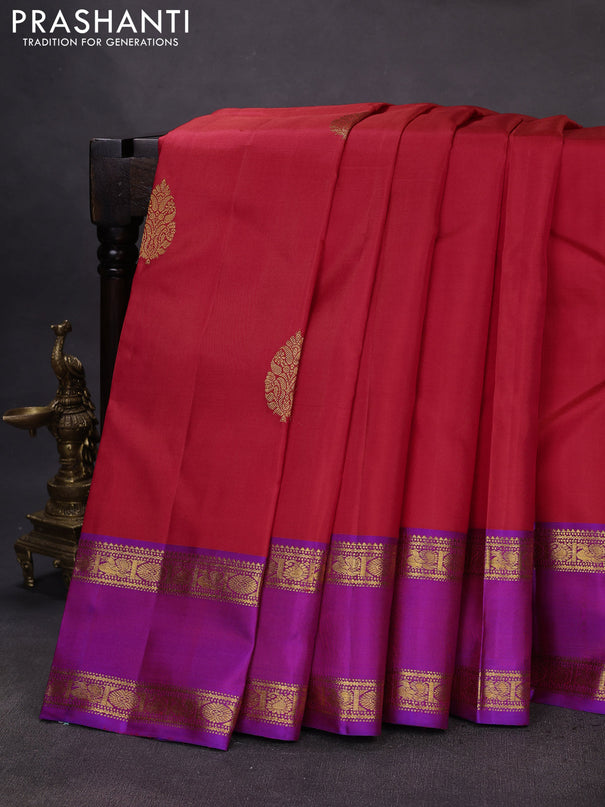 Pure kanchipuram silk saree red and purple with zari woven buttas and rettapet zari woven border
