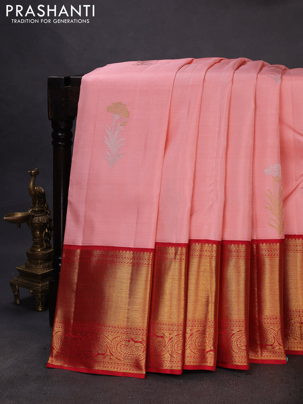 Pure kanchipuram silk saree peach shade and red with zari woven buttas and rich zari woven border
