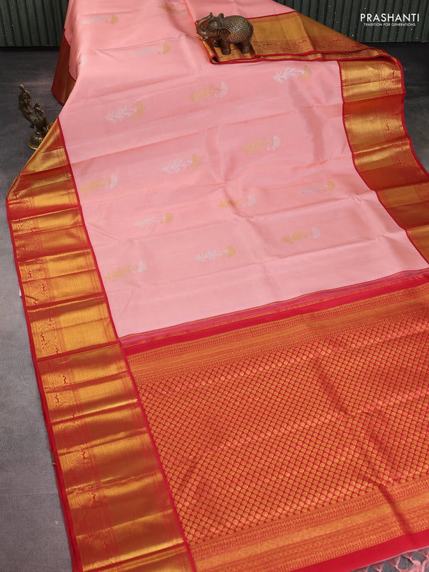 Pure kanchipuram silk saree peach shade and red with zari woven buttas and rich zari woven border