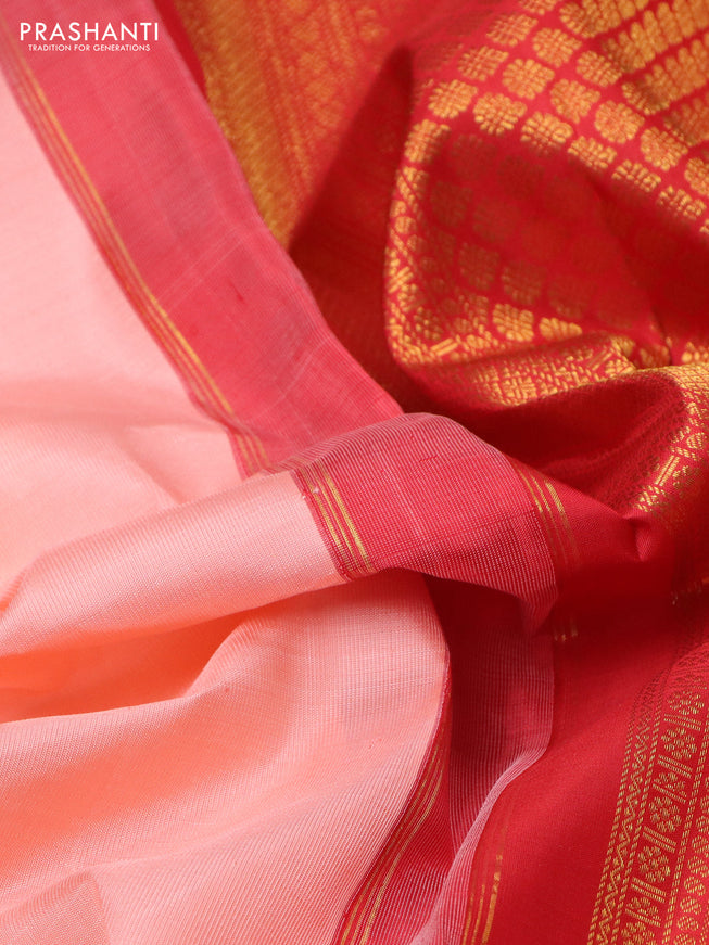 Pure kanchipuram silk saree peach shade and red with zari woven buttas and rich zari woven border
