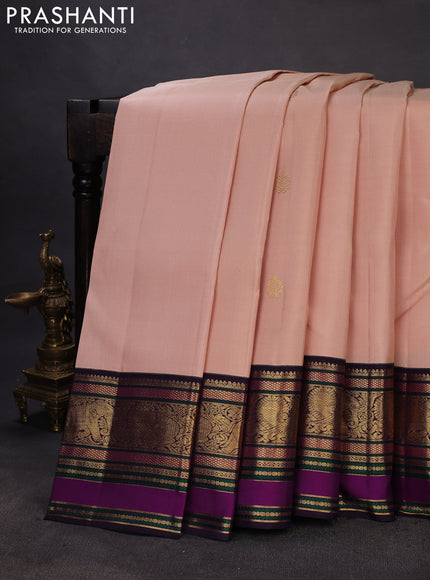 Pure kanchipuram silk saree sandal and jamun shade with zari woven buttas and rich zari woven border