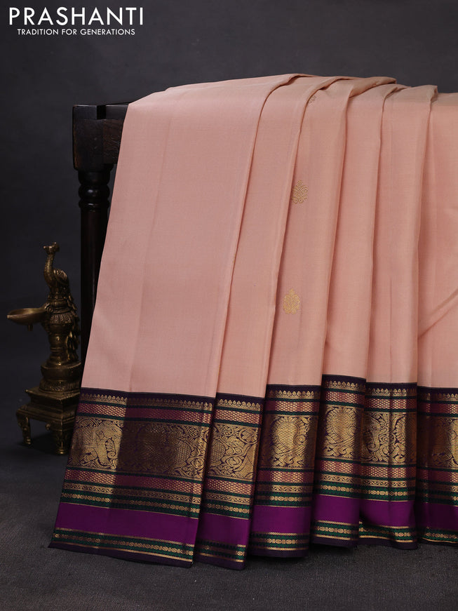 Pure kanchipuram silk saree sandal and jamun shade with zari woven buttas and rich zari woven border