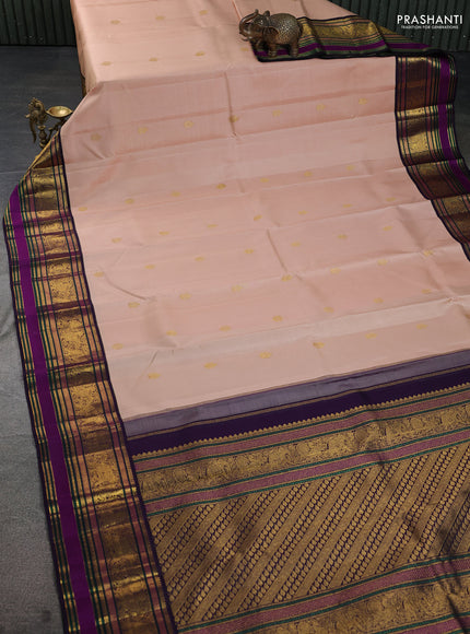 Pure kanchipuram silk saree sandal and jamun shade with zari woven buttas and rich zari woven border