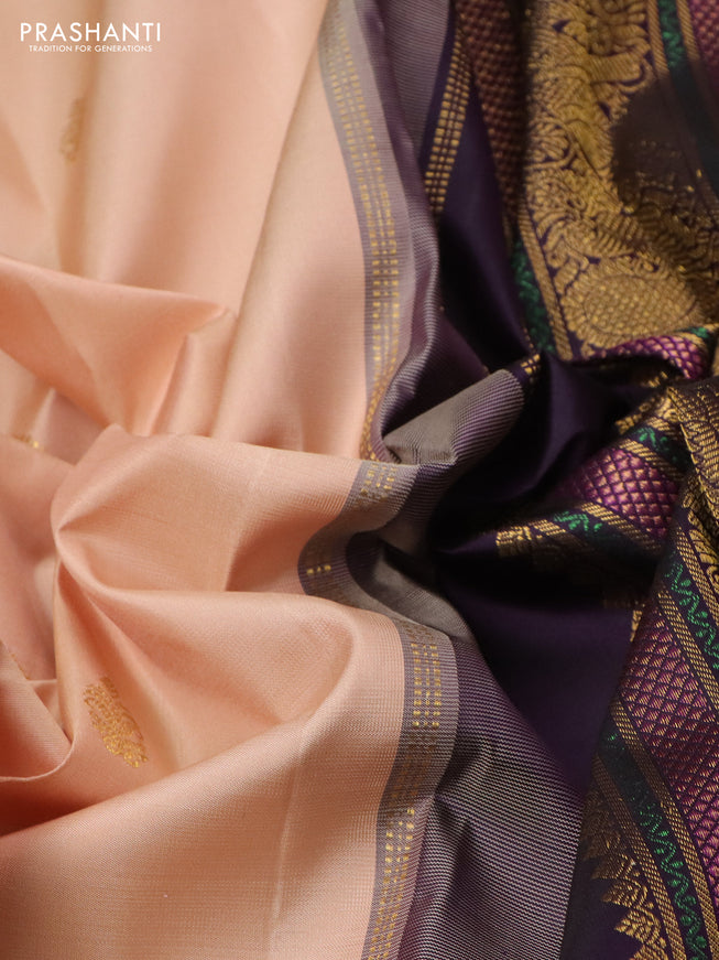 Pure kanchipuram silk saree sandal and jamun shade with zari woven buttas and rich zari woven border