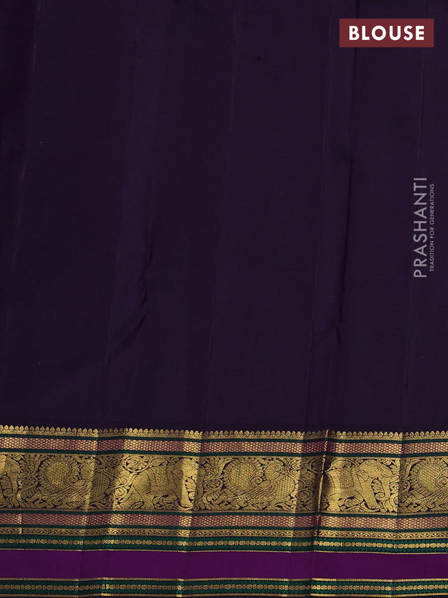 Pure kanchipuram silk saree sandal and jamun shade with zari woven buttas and rich zari woven border