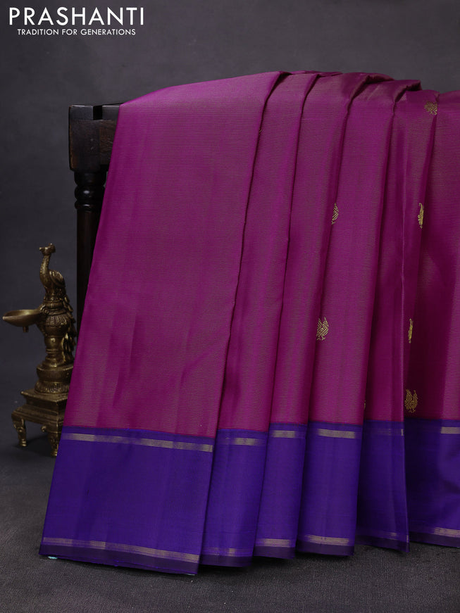 Pure kanchipuram silk saree purple and blue with allover zari weaves & buttas and rettapet zari woven border