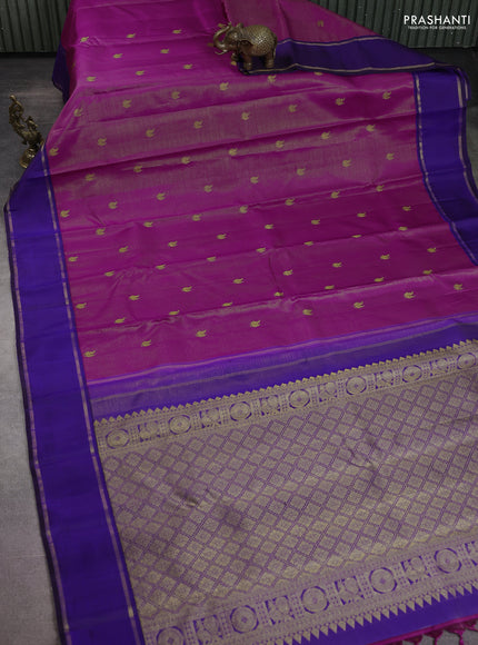 Pure kanchipuram silk saree purple and blue with allover zari weaves & buttas and rettapet zari woven border