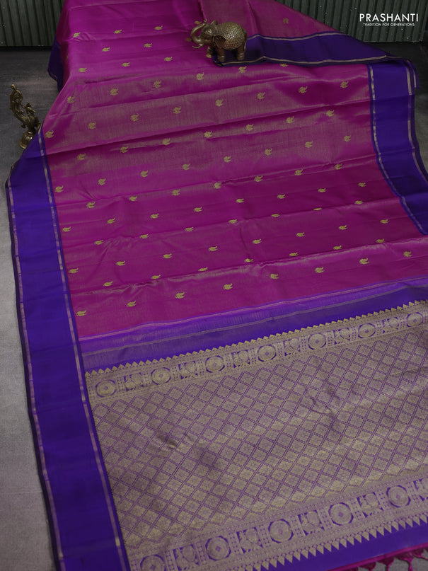 Pure kanchipuram silk saree purple and blue with allover zari weaves & buttas and rettapet zari woven border