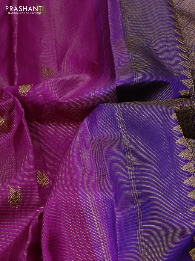 Pure kanchipuram silk saree purple and blue with allover zari weaves & buttas and rettapet zari woven border