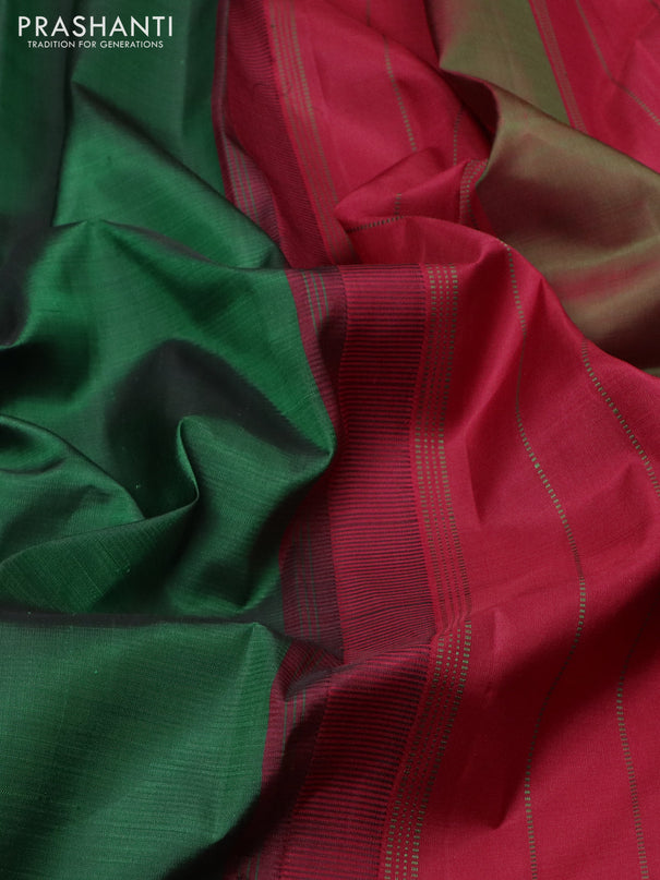 Pure kanchipuram silk saree dark green and maroon with plain body and temple design rettapet border