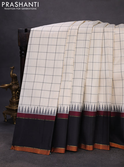 Pure kanchipuram silk saree cream and black with allover checked pattern and temple design rettapet border