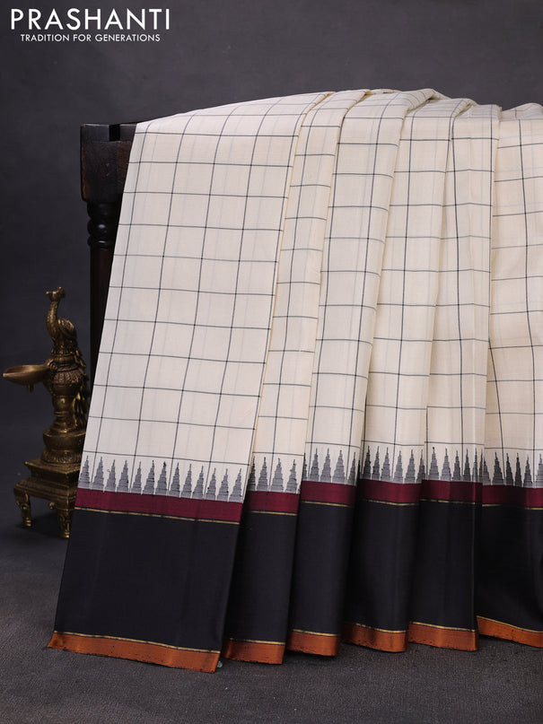 Pure kanchipuram silk saree cream and black with allover checked pattern and temple design rettapet border