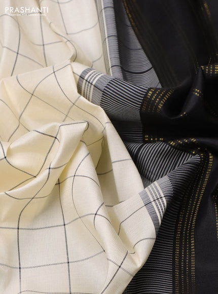 Pure kanchipuram silk saree cream and black with allover checked pattern and temple design rettapet border