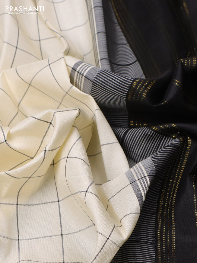 Pure kanchipuram silk saree cream and black with allover checked pattern and temple design rettapet border