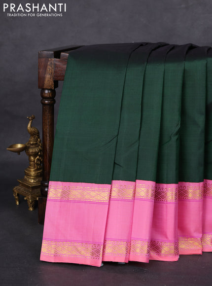 Pure kanchipuram silk saree bottle green and light pink with plain body and rettapet zari woven border