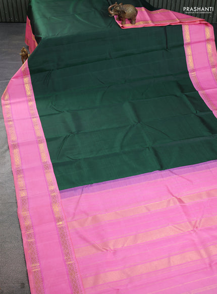 Pure kanchipuram silk saree bottle green and light pink with plain body and rettapet zari woven border