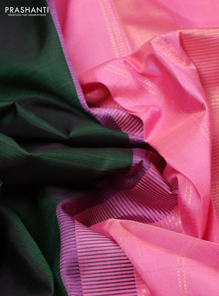Pure kanchipuram silk saree bottle green and light pink with plain body and rettapet zari woven border