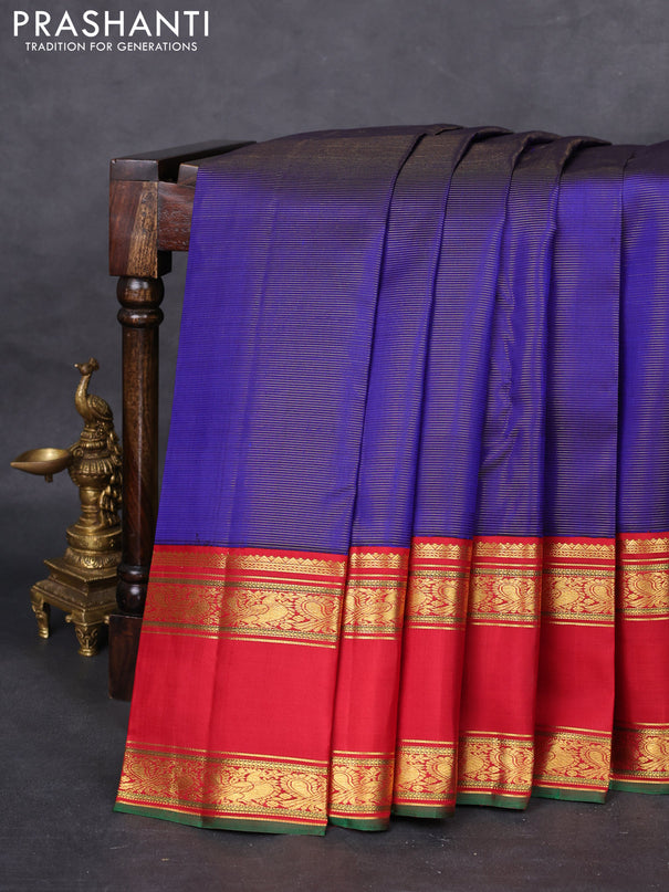 Pure kanchipuram silk saree blue and red with allover zari weaves and long rettapet zari woven border