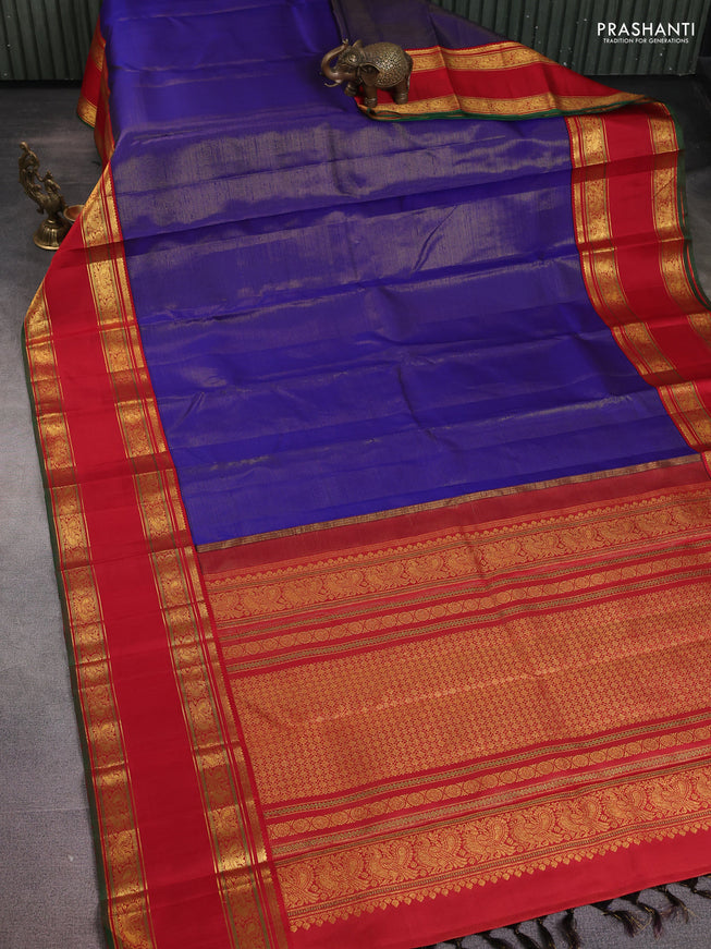Pure kanchipuram silk saree blue and red with allover zari weaves and long rettapet zari woven border