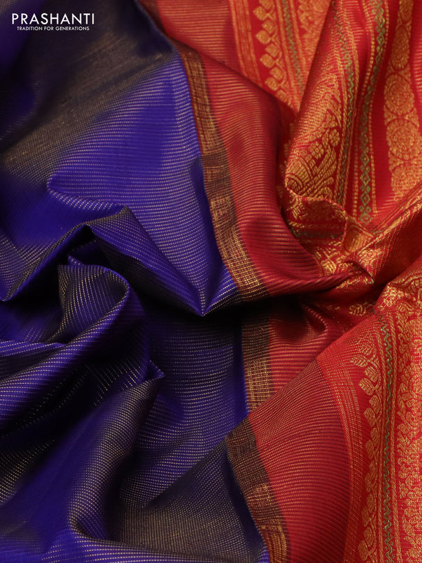 Pure kanchipuram silk saree blue and red with allover zari weaves and long rettapet zari woven border